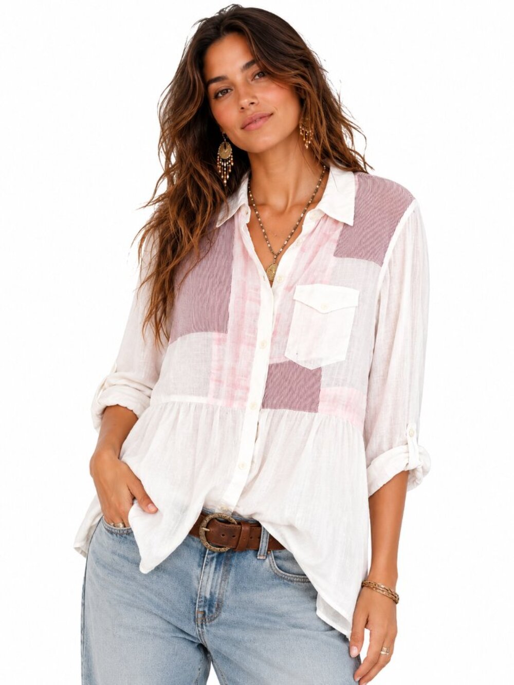 Free People Patchwork Button-Down Shirt Blush Pink White Size Medium